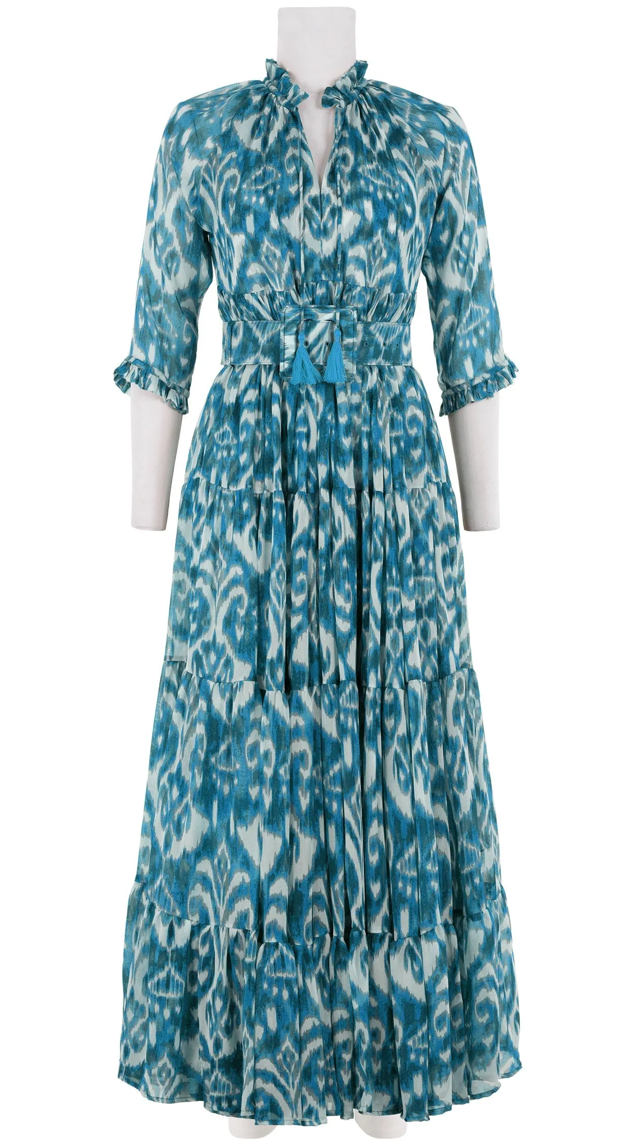 Eden Dress Crew Neck 3/4 Sleeve with Hamilton Belt Maxi Length Silk GGT (Ikat Marine)