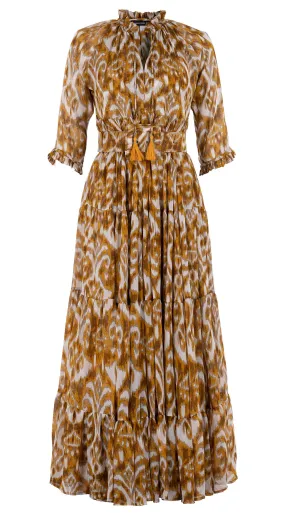 Eden Dress Crew Neck 3/4 Sleeve with Hamilton Belt Maxi Length Silk GGT (Ikat Marine)