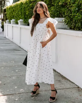 Edith Cotton Pocketed Polka Dot Midi Dress - White