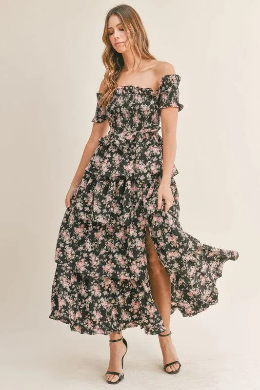 Elegant Romance Unveiled | Black Floral Print Maxi Dress with Tiered Ruffles