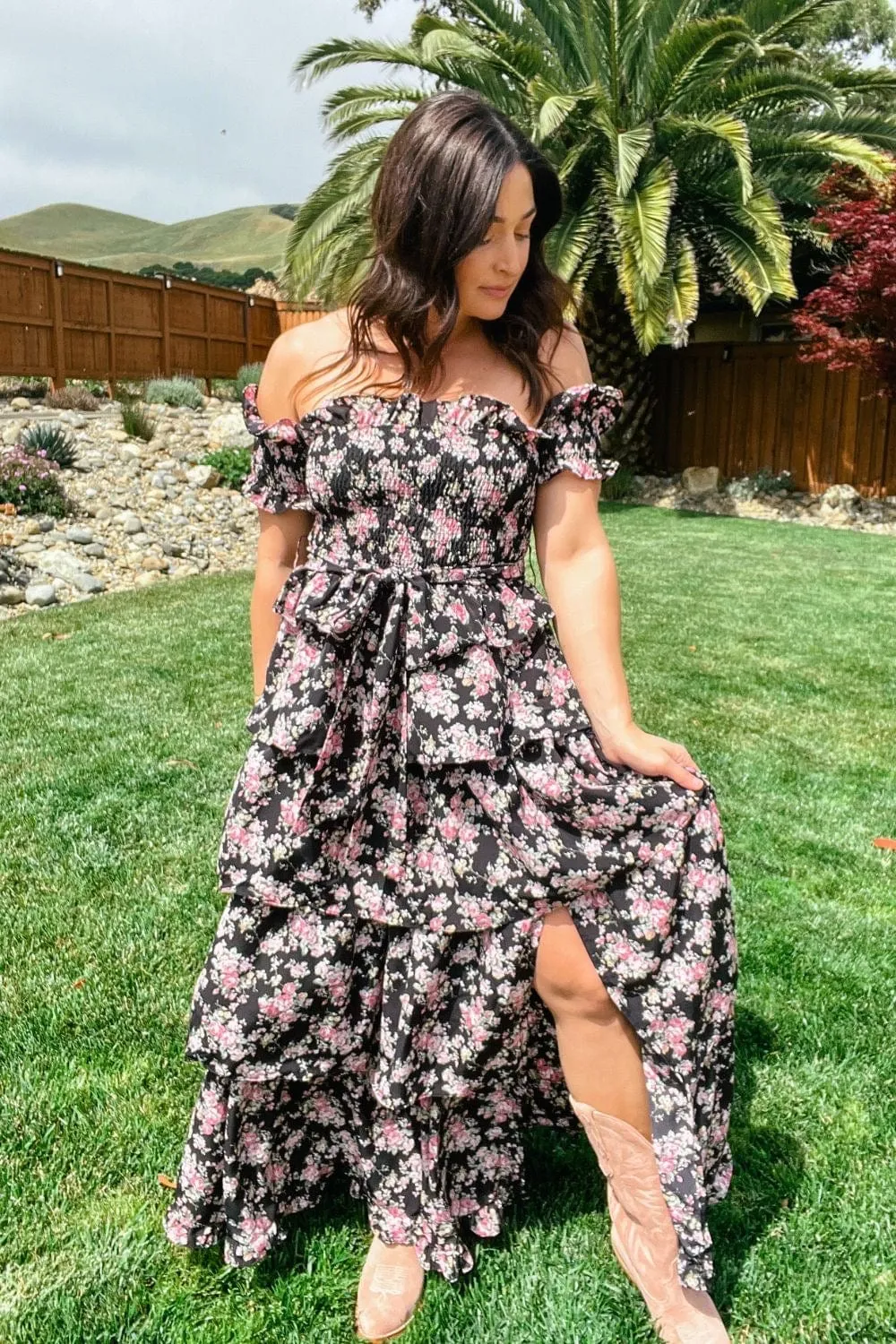 Elegant Romance Unveiled | Black Floral Print Maxi Dress with Tiered Ruffles