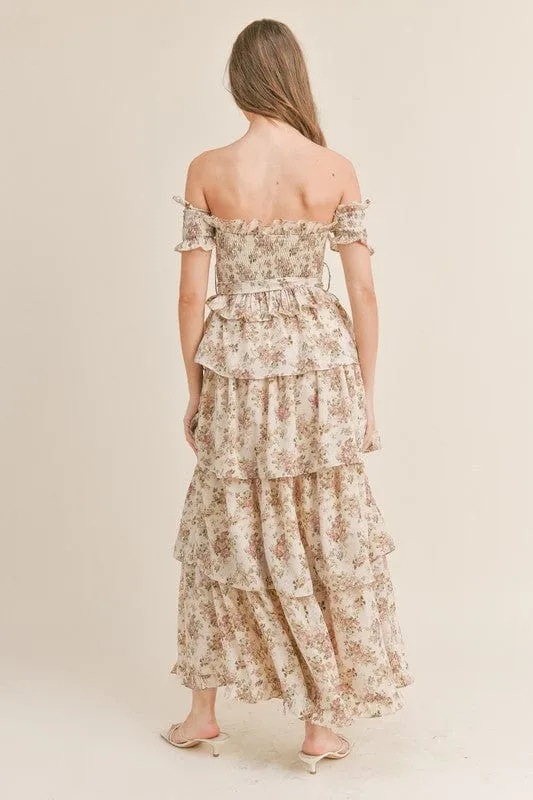 Elegant Romance Unveiled | Cream Floral Print Maxi Dress with Tiered Ruffles