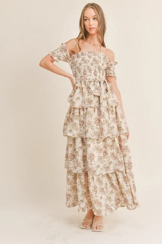 Elegant Romance Unveiled | Cream Floral Print Maxi Dress with Tiered Ruffles