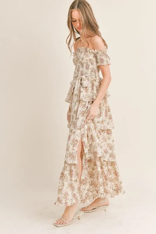 Elegant Romance Unveiled | Cream Floral Print Maxi Dress with Tiered Ruffles