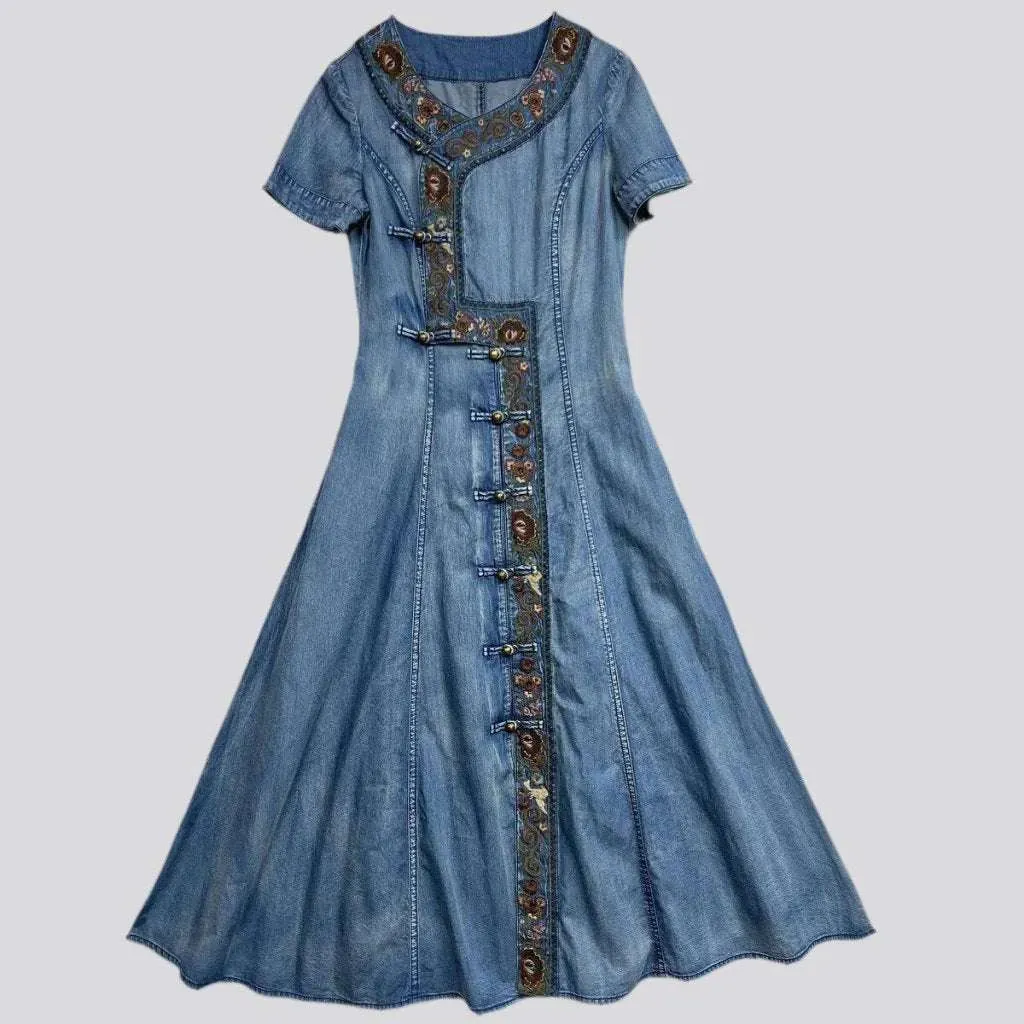 Embroidered boho long denim dress