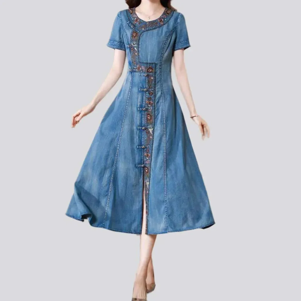 Embroidered boho long denim dress