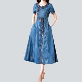 Embroidered boho long denim dress