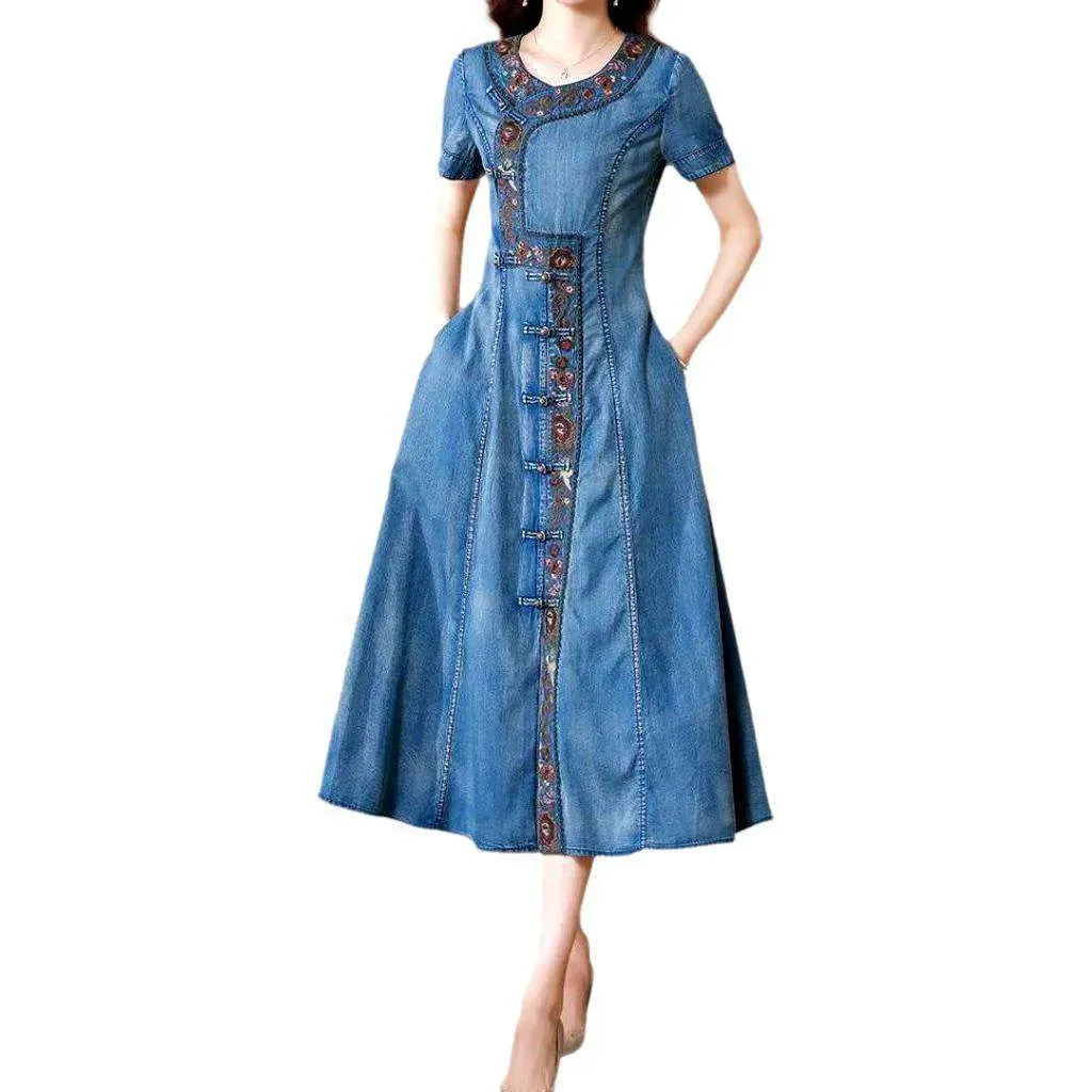 Embroidered boho long denim dress