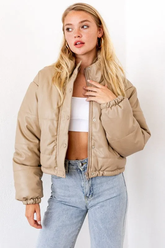 Faux Leather Puffer Jacket in Taupe