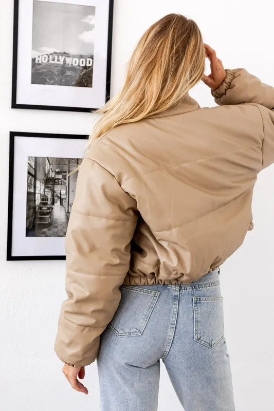 Faux Leather Puffer Jacket in Taupe