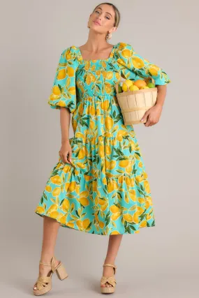 Feeling Zesty Aqua Lemon Print Midi Dress