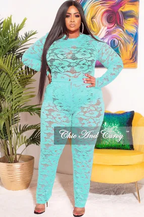 Final Sale Plus Size 2pc Lace Bodysuit & Pants in Aqua