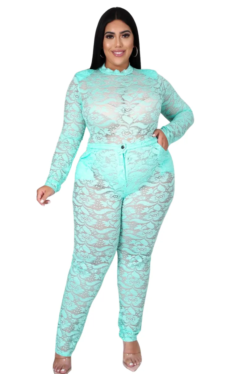 Final Sale Plus Size 2pc Lace Bodysuit & Pants in Aqua