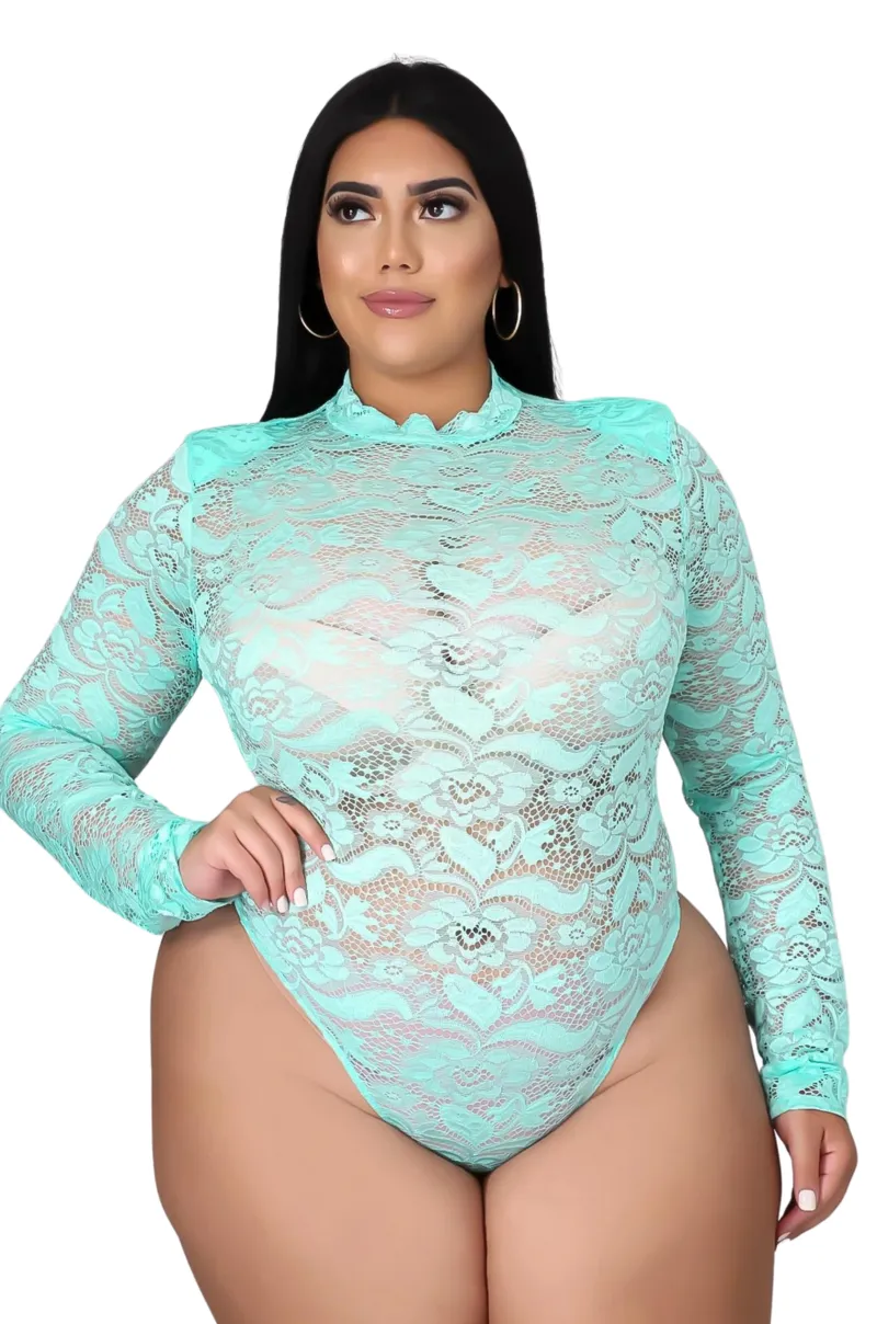 Final Sale Plus Size 2pc Lace Bodysuit & Pants in Aqua