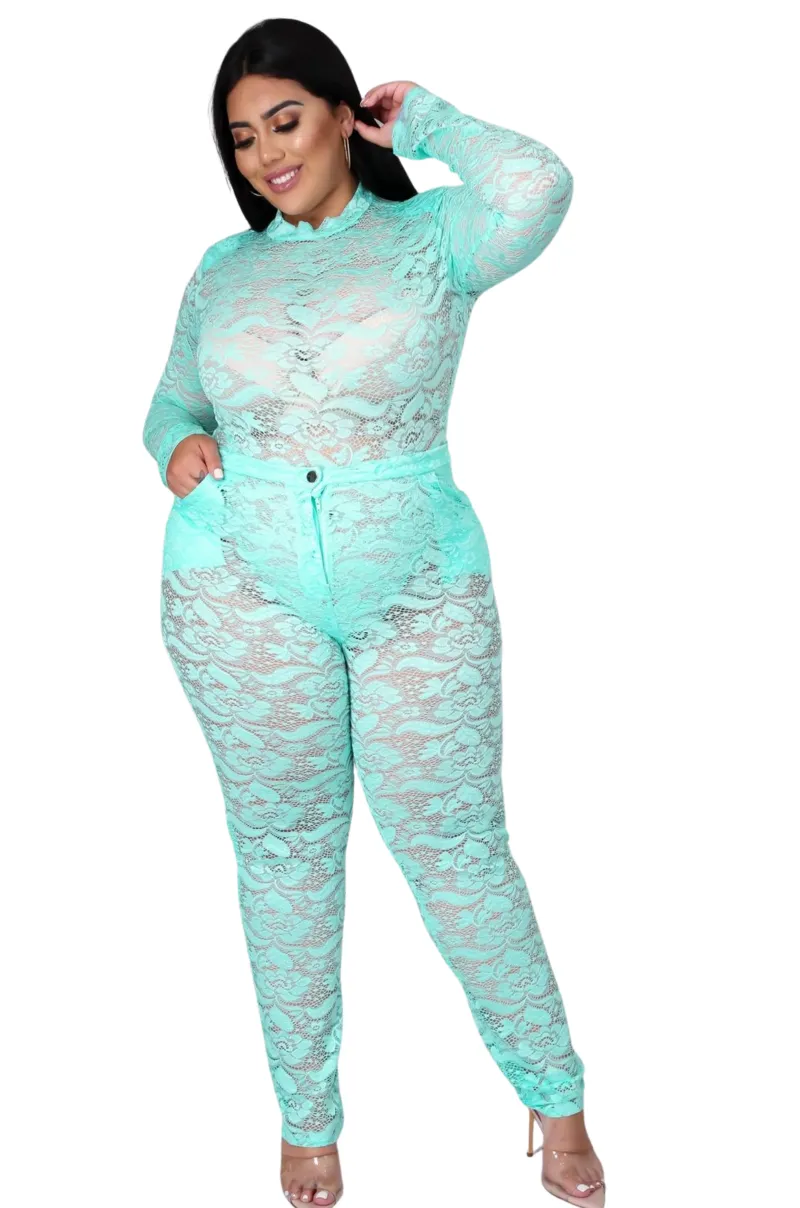 Final Sale Plus Size 2pc Lace Bodysuit & Pants in Aqua