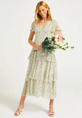 Flutter Sleeves Tiered Midaxi Dress in Ditsy Floral Print