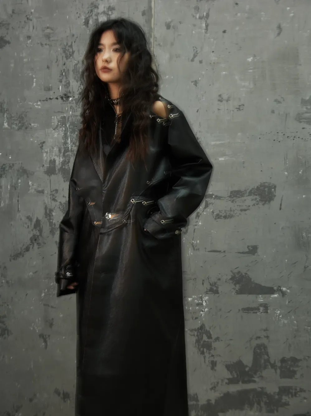 Frustration Garden Gothic Punk Maxi Coat - Black Faux Leather Trench With Oversized Collar And Asymmetrical Zip