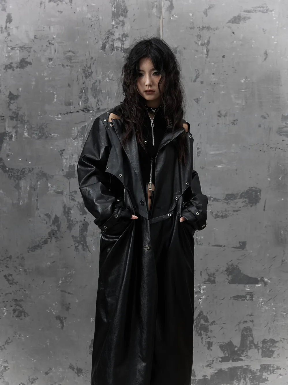 Frustration Garden Gothic Punk Maxi Coat - Black Faux Leather Trench With Oversized Collar And Asymmetrical Zip