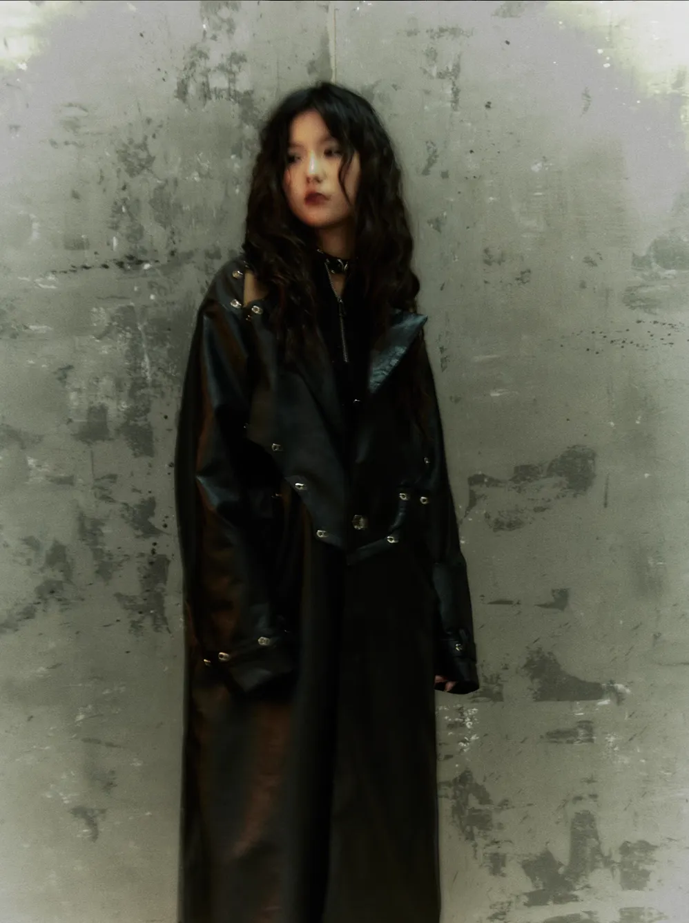 Frustration Garden Gothic Punk Maxi Coat - Black Faux Leather Trench With Oversized Collar And Asymmetrical Zip