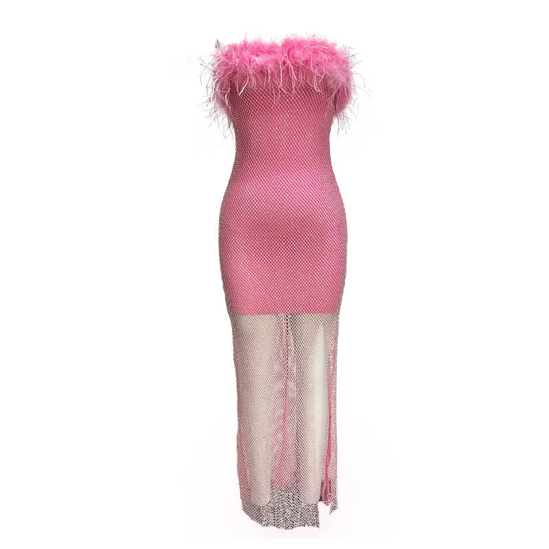 Fuzzy Trim Glittering Fishnet Maxi Dress