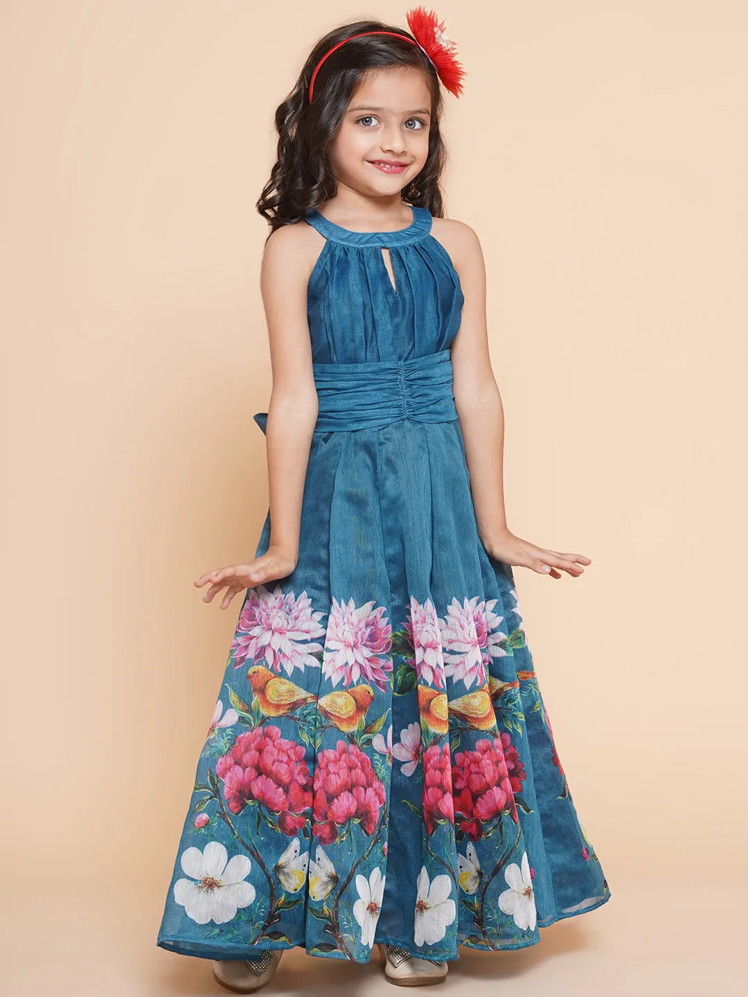 Girl's Blue Flower Digital Printed Fit & Flared Maxi Dress. - Bitiya By Bhama