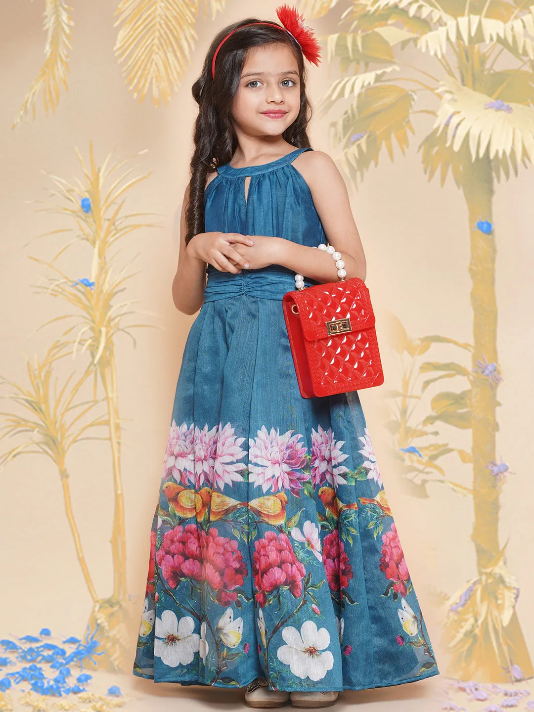 Girl's Blue Flower Digital Printed Fit & Flared Maxi Dress. - Bitiya By Bhama