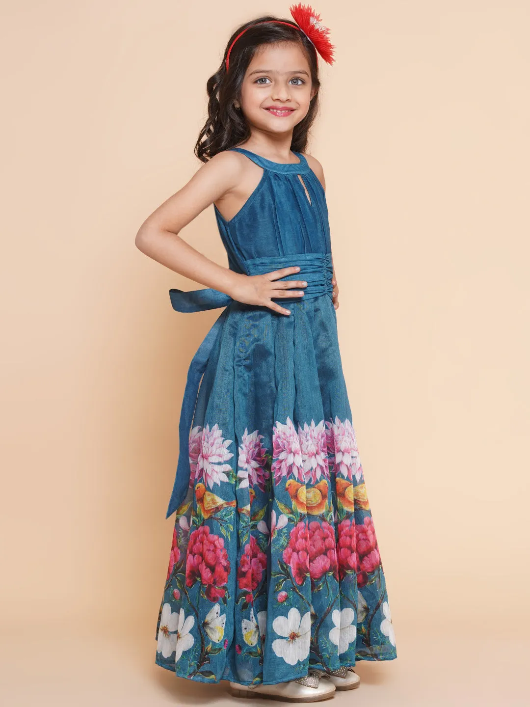 Girl's Blue Flower Digital Printed Fit & Flared Maxi Dress. - Bitiya By Bhama