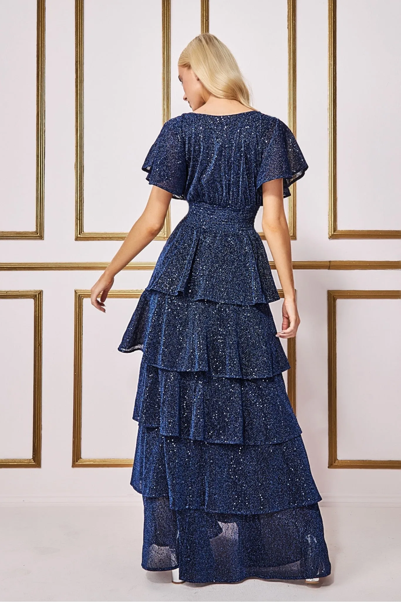 Goddiva Sequin Lurex Tiered Maxi Dress - Navy