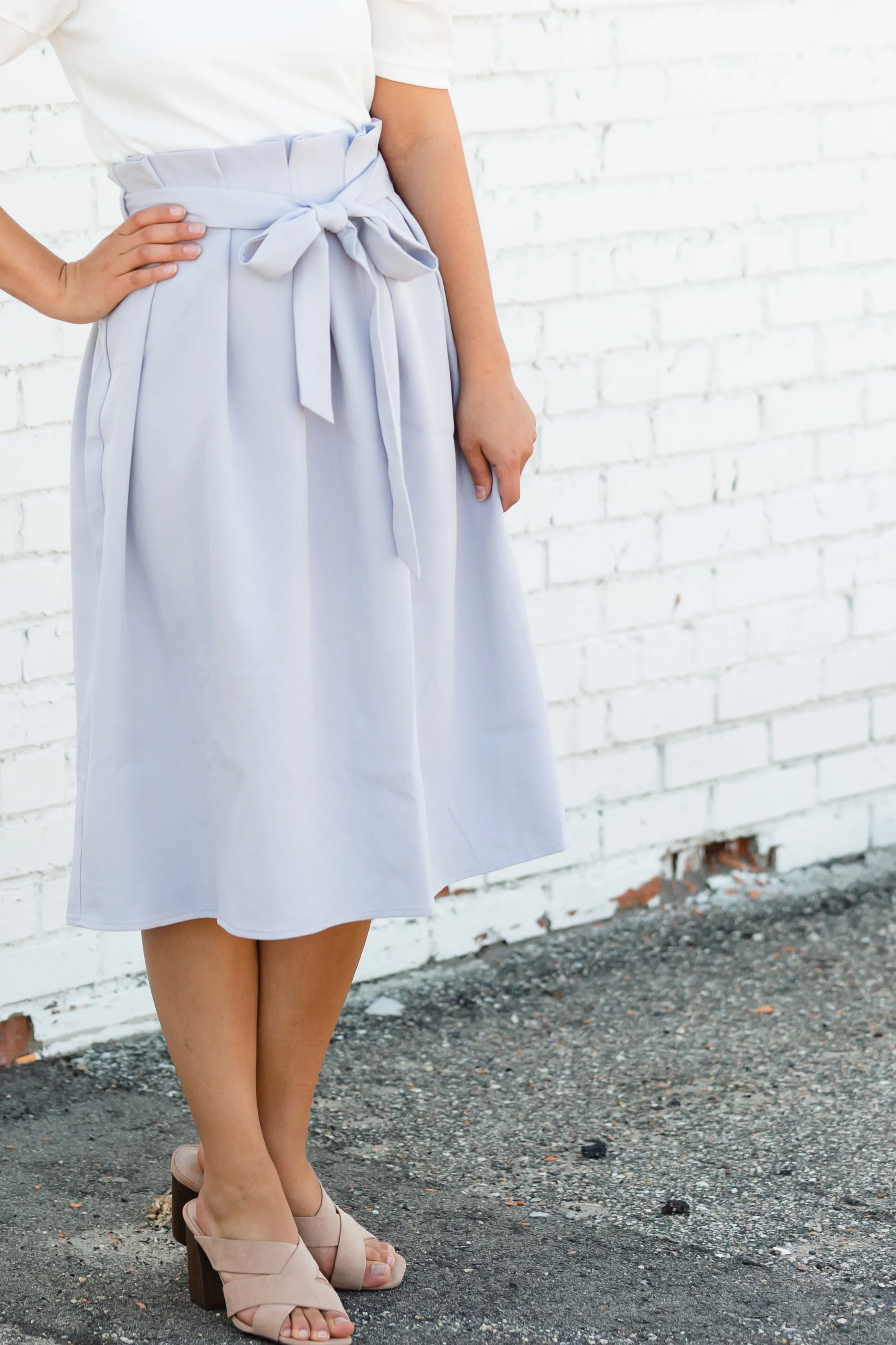 Gray Pleated Waist Tie Midi Skirt - FINAL SALE