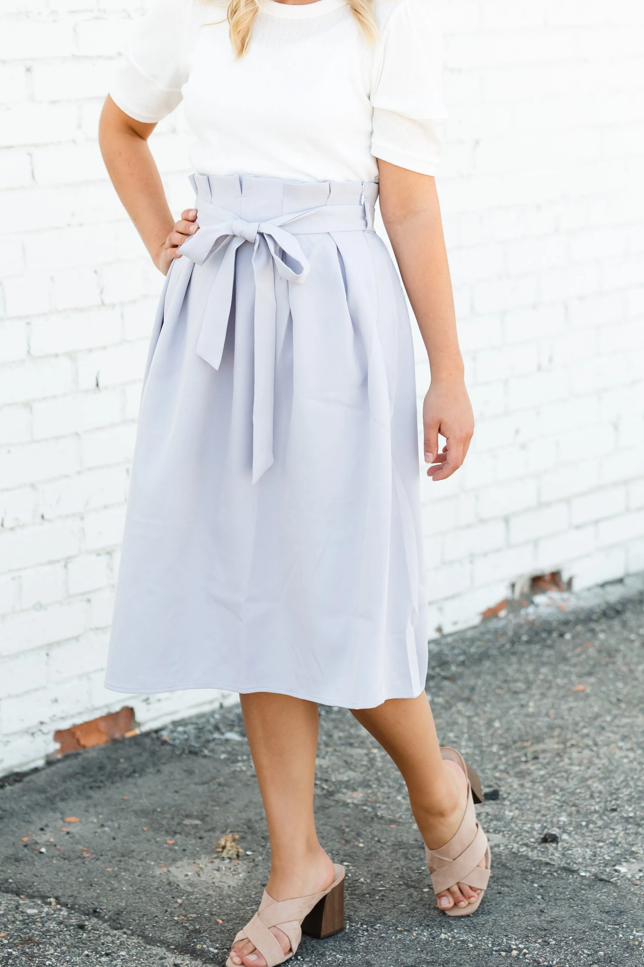 Gray Pleated Waist Tie Midi Skirt - FINAL SALE