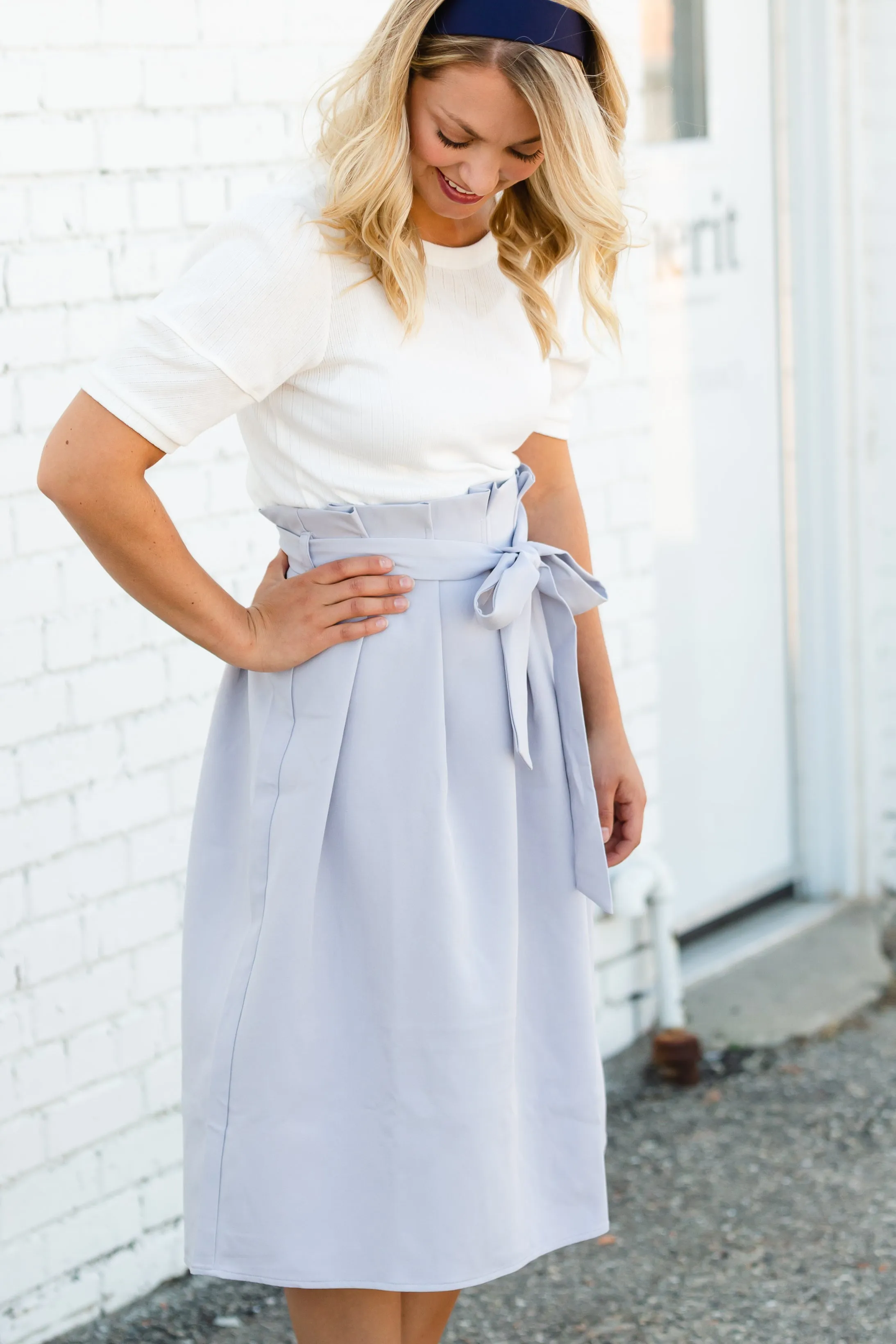 Gray Pleated Waist Tie Midi Skirt - FINAL SALE