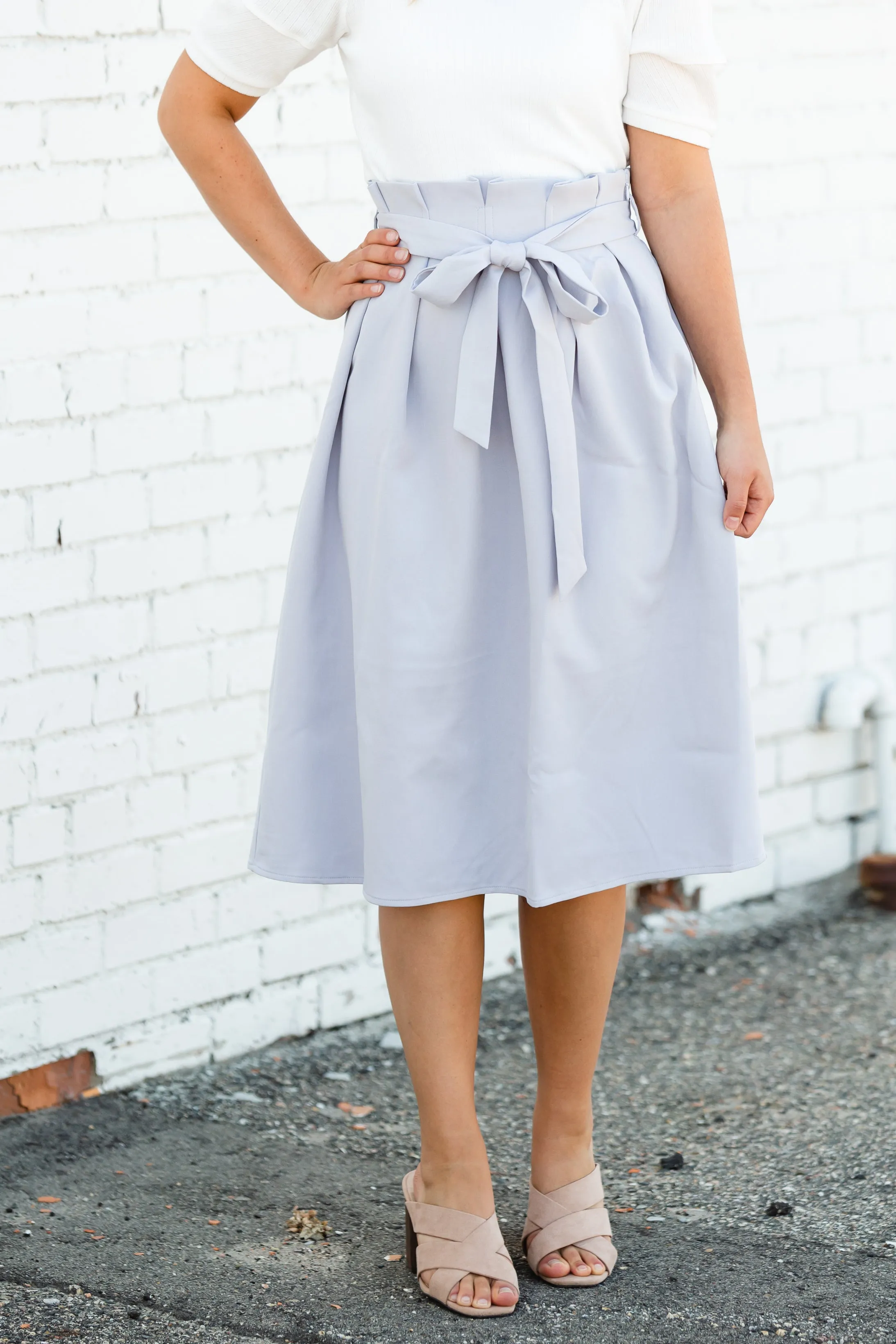 Gray Pleated Waist Tie Midi Skirt - FINAL SALE