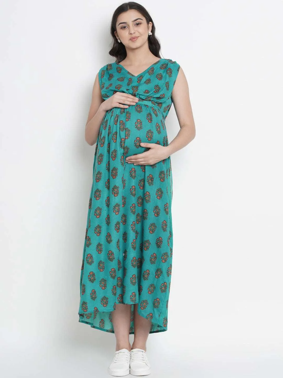 Green Floral Print Maternity and Nursing Maxi Dress