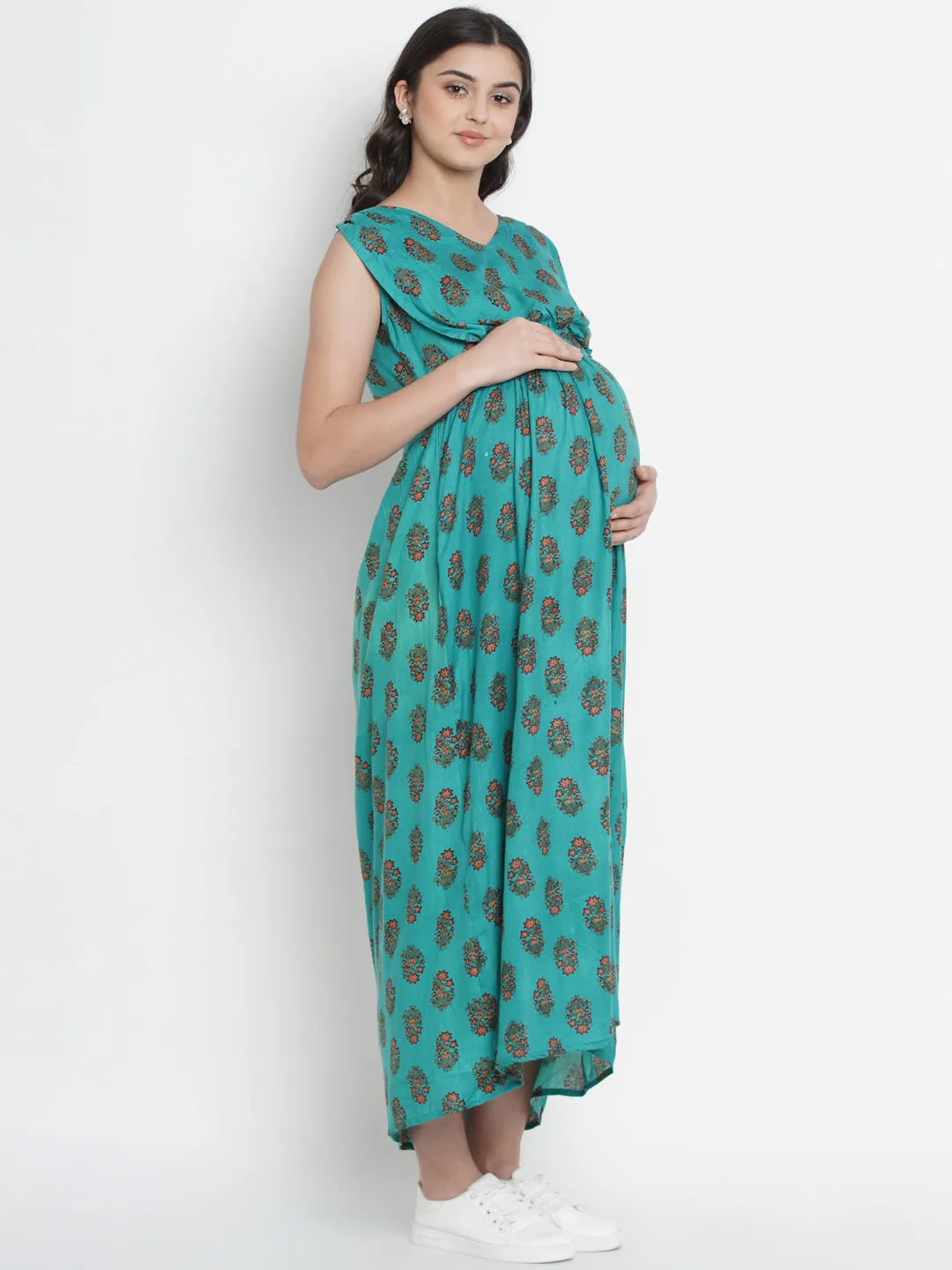 Green Floral Print Maternity and Nursing Maxi Dress