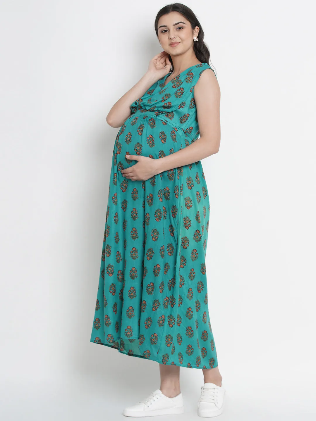 Green Floral Print Maternity and Nursing Maxi Dress