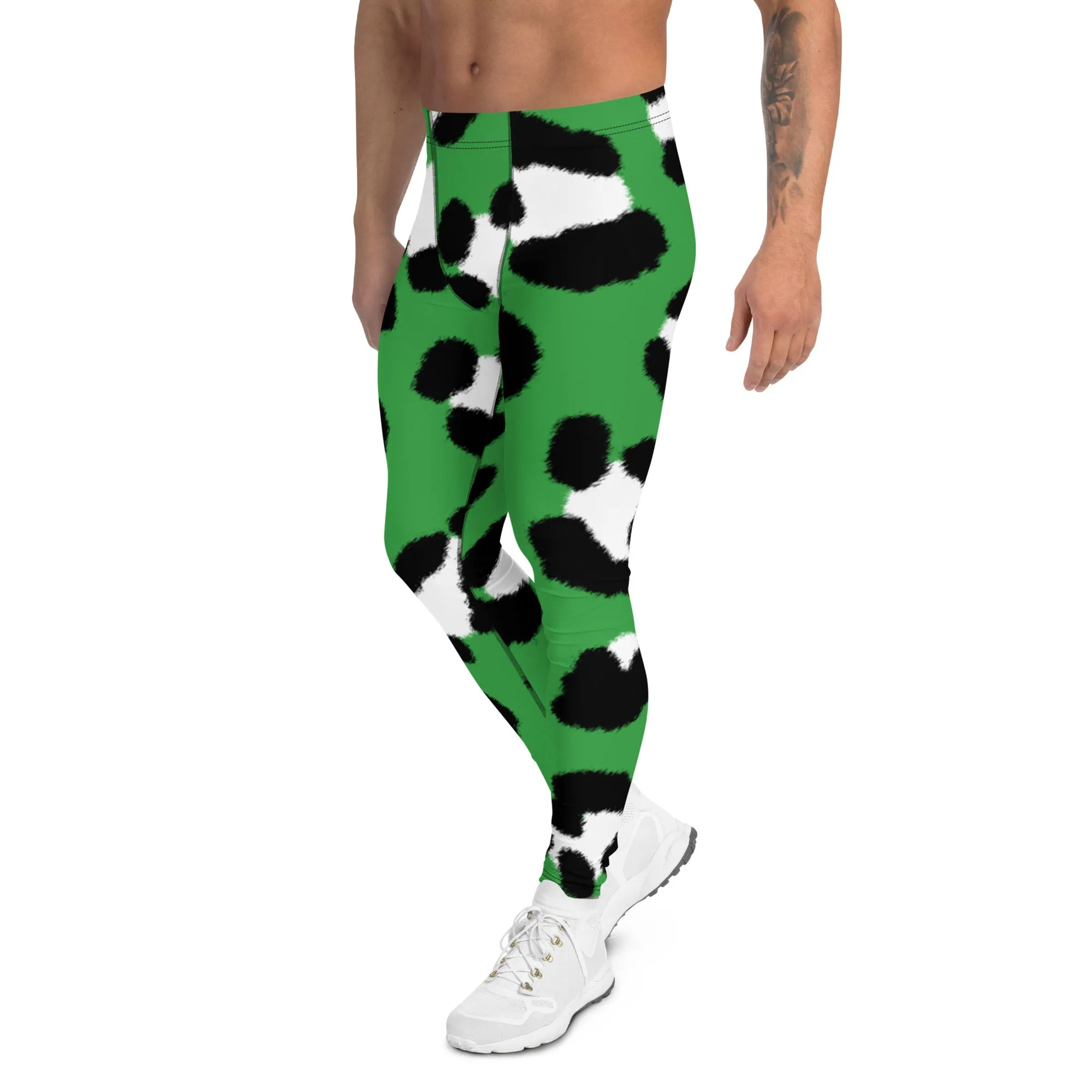 Green Leopard Print Men's Leggings, Animal Leopard Print Best Designer Meggings Tights-Made in USA/EU/MX