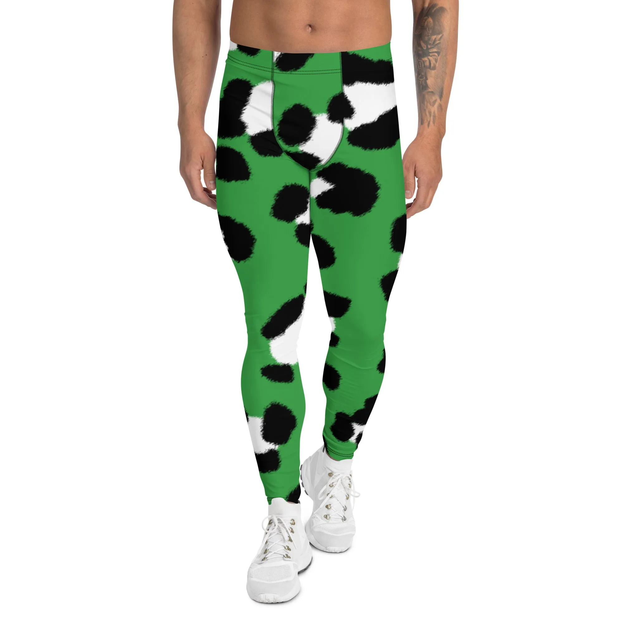 Green Leopard Print Men's Leggings, Animal Leopard Print Best Designer Meggings Tights-Made in USA/EU/MX