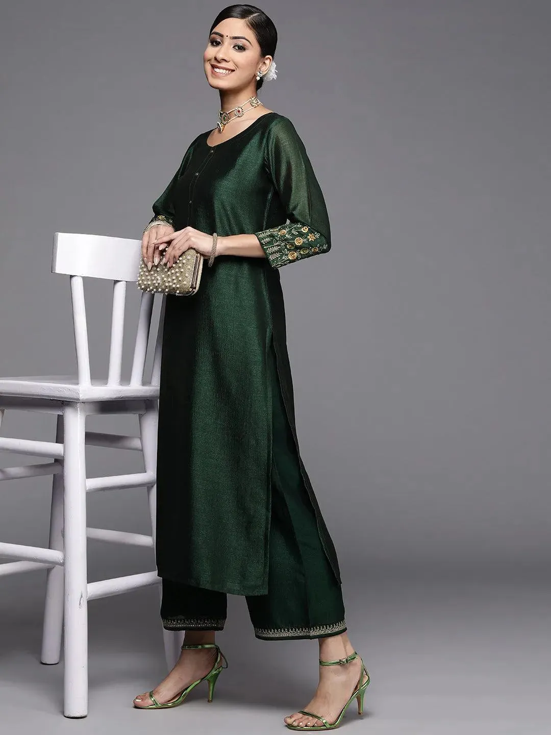 Green Solid Silk Palazzos