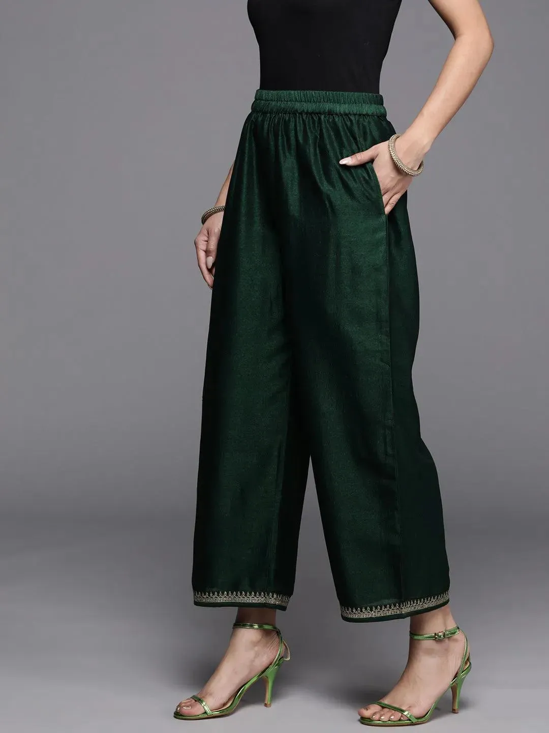 Green Solid Silk Palazzos