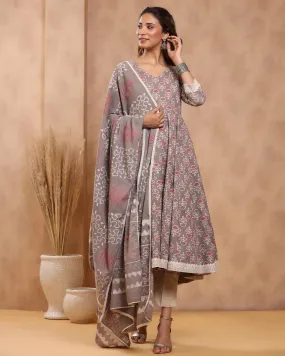 Grey Cotton Printed Anarkali Suit Set with Dupatta