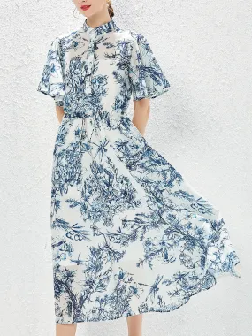 Grey High Neck Floral Print Butterfly Sleeve Bohemian Dress Maxi Dress