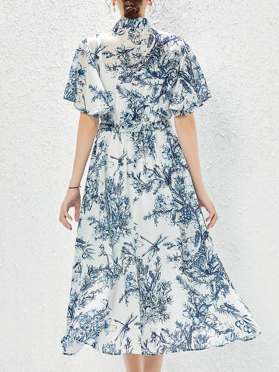 Grey High Neck Floral Print Butterfly Sleeve Bohemian Dress Maxi Dress