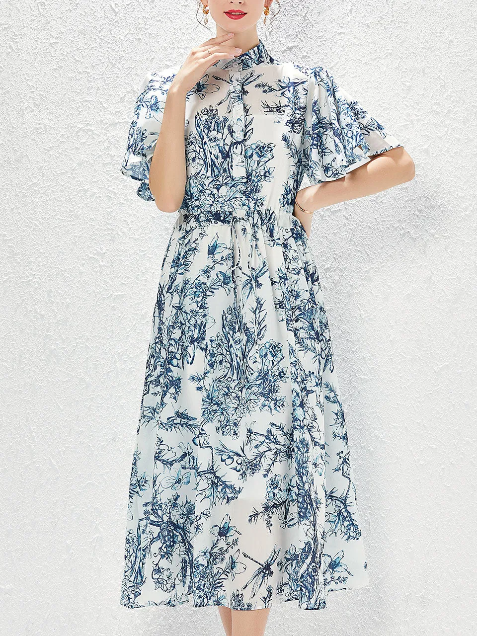 Grey High Neck Floral Print Butterfly Sleeve Bohemian Dress Maxi Dress