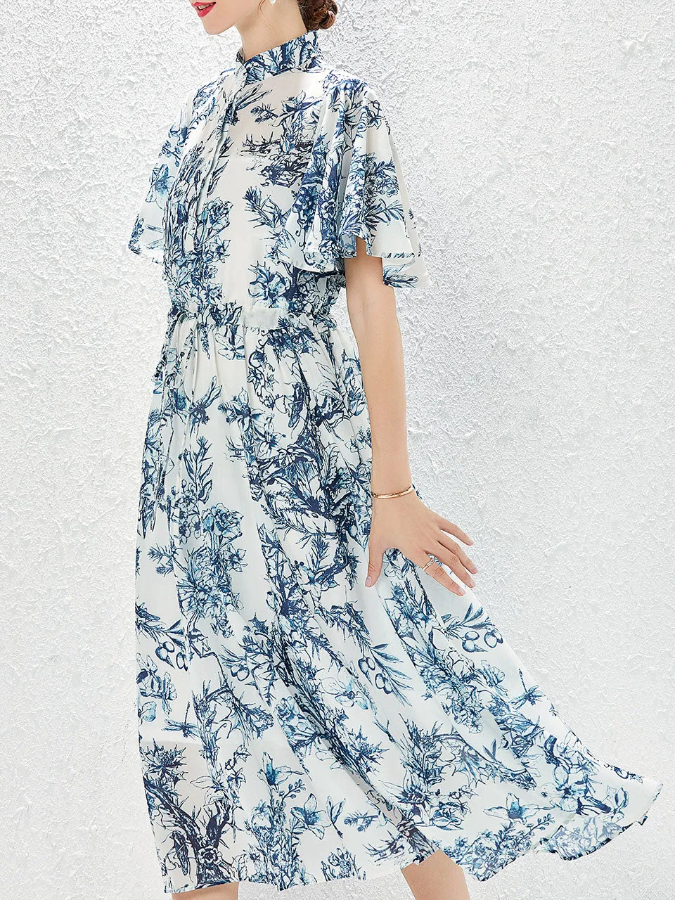 Grey High Neck Floral Print Butterfly Sleeve Bohemian Dress Maxi Dress