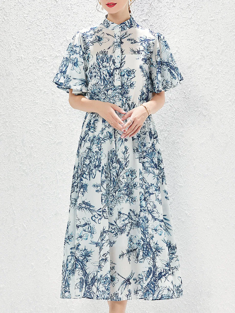 Grey High Neck Floral Print Butterfly Sleeve Bohemian Dress Maxi Dress