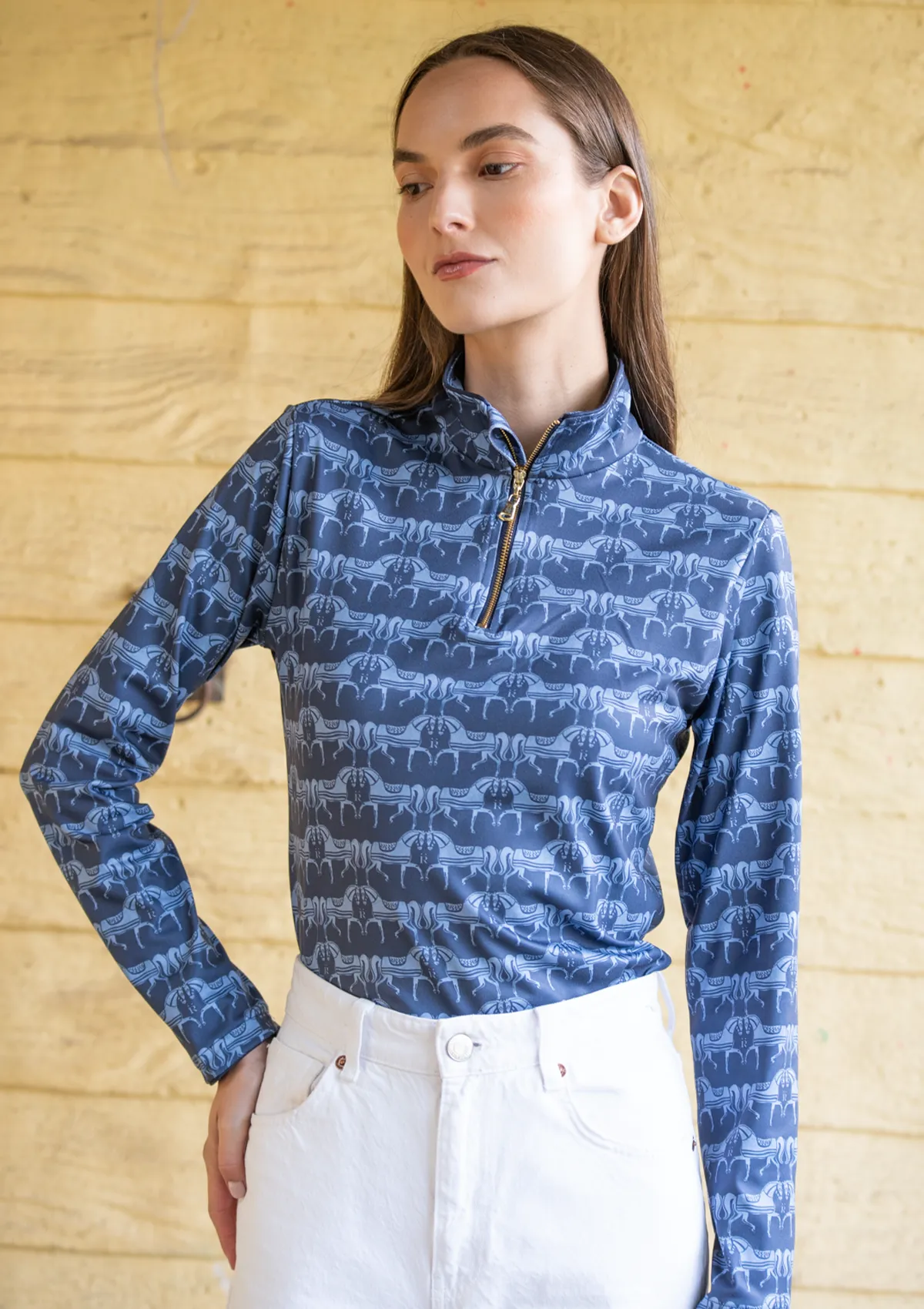 Harmony Quarter Zip Steed Print - Long Sleeve | Sapphire