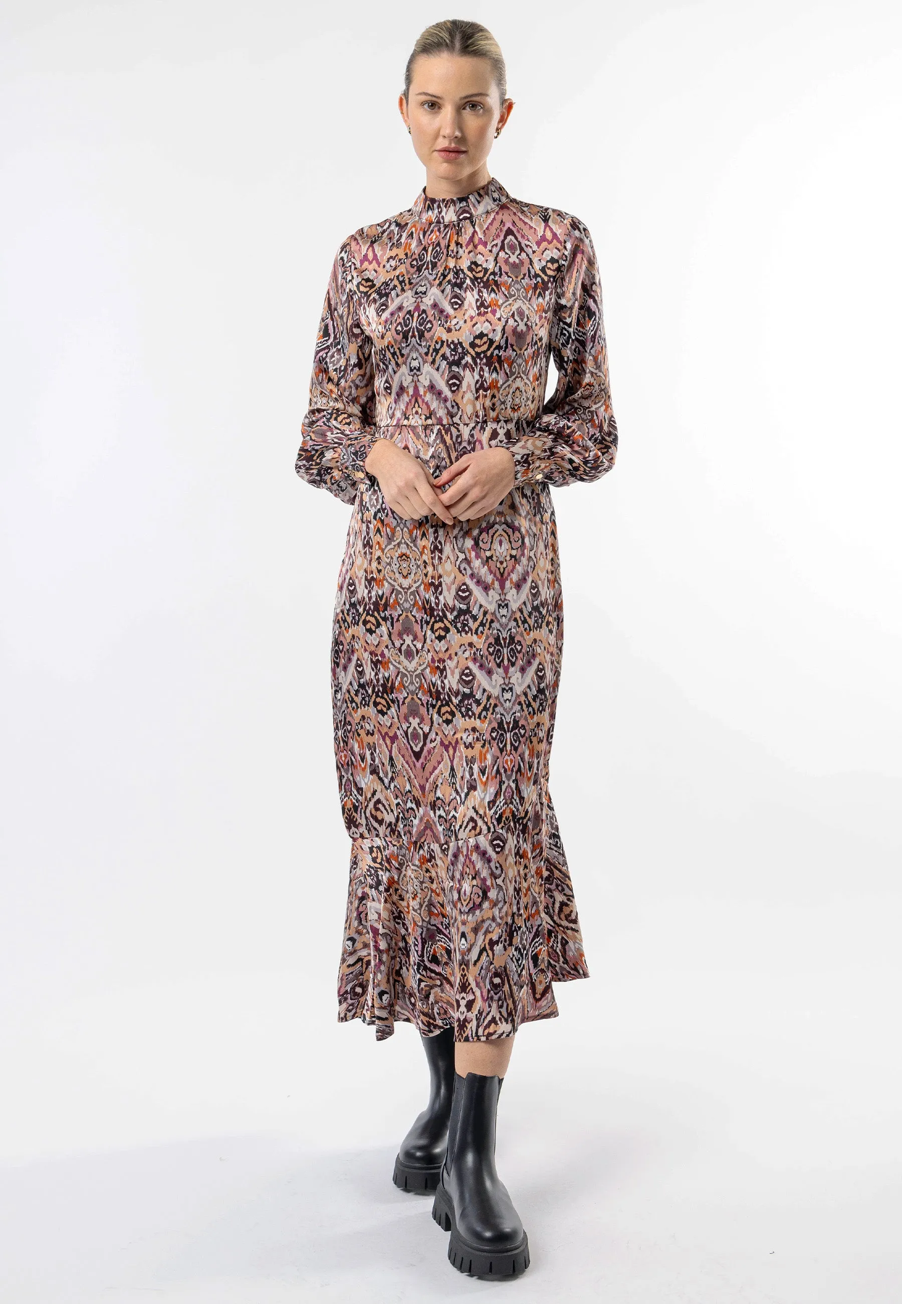 High Neck Long Tea Satin Dress in Tan Paisley Print