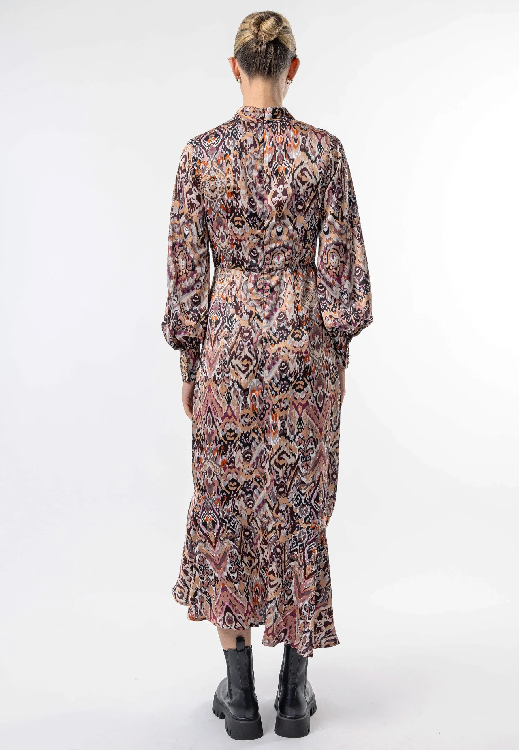 High Neck Long Tea Satin Dress in Tan Paisley Print