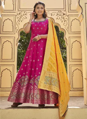 Hot Pink Mirror Work Embroidery Silk Anarkali Suit