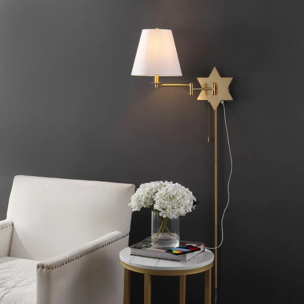 Howe 18.5" Modern French Country Swing Arm Plug-In or Hardwired Iron LED Star Wall Sconce with Pull-Chain and USB Charging Port